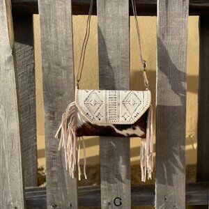 Small Off White Cowhide Convertible Crossbody With Leather Embossed Flap